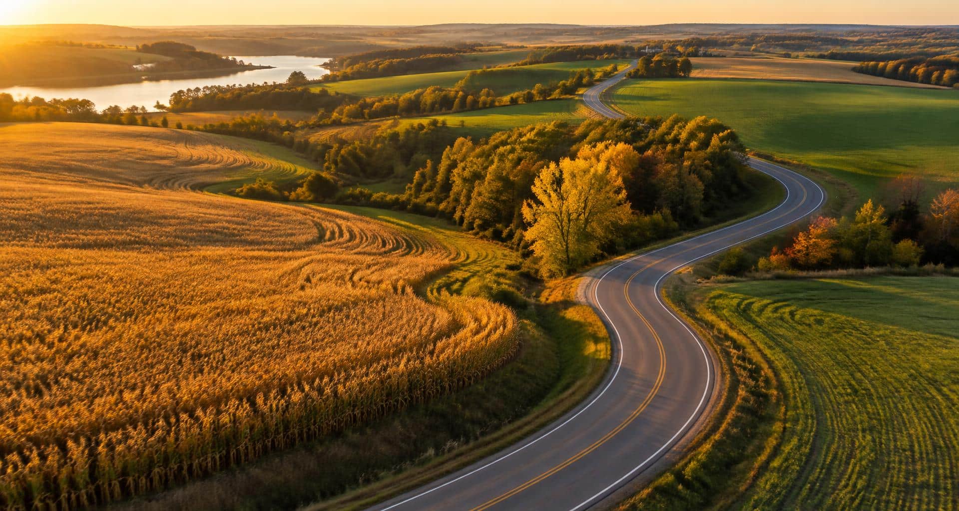 A winding two-lane country road curving through rolling Minnesota farmland at sunset