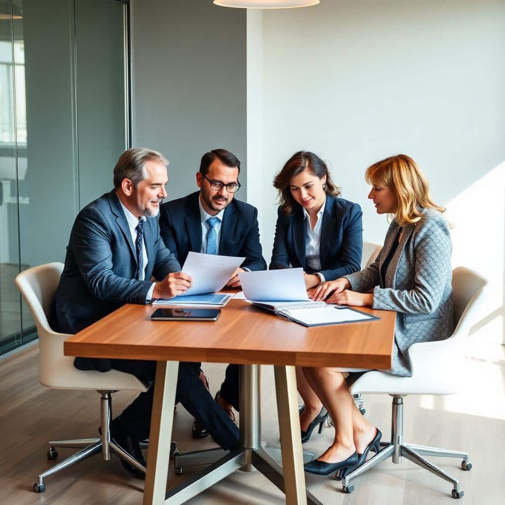 A business owner meeting with a CPA, attorney, and financial advisor