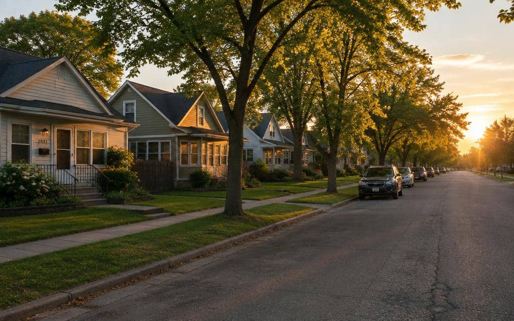 A quiet Northeast Minneapolis residential street lined with trees at golden hour