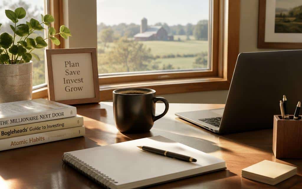 A sunlit desk with a notebook, pen, and coffee beside a window looking out on farmland