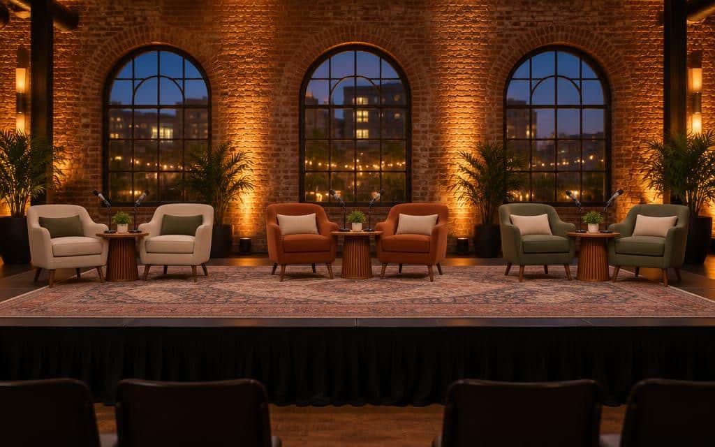 An empty panel discussion stage with three pairs of chairs and microphones