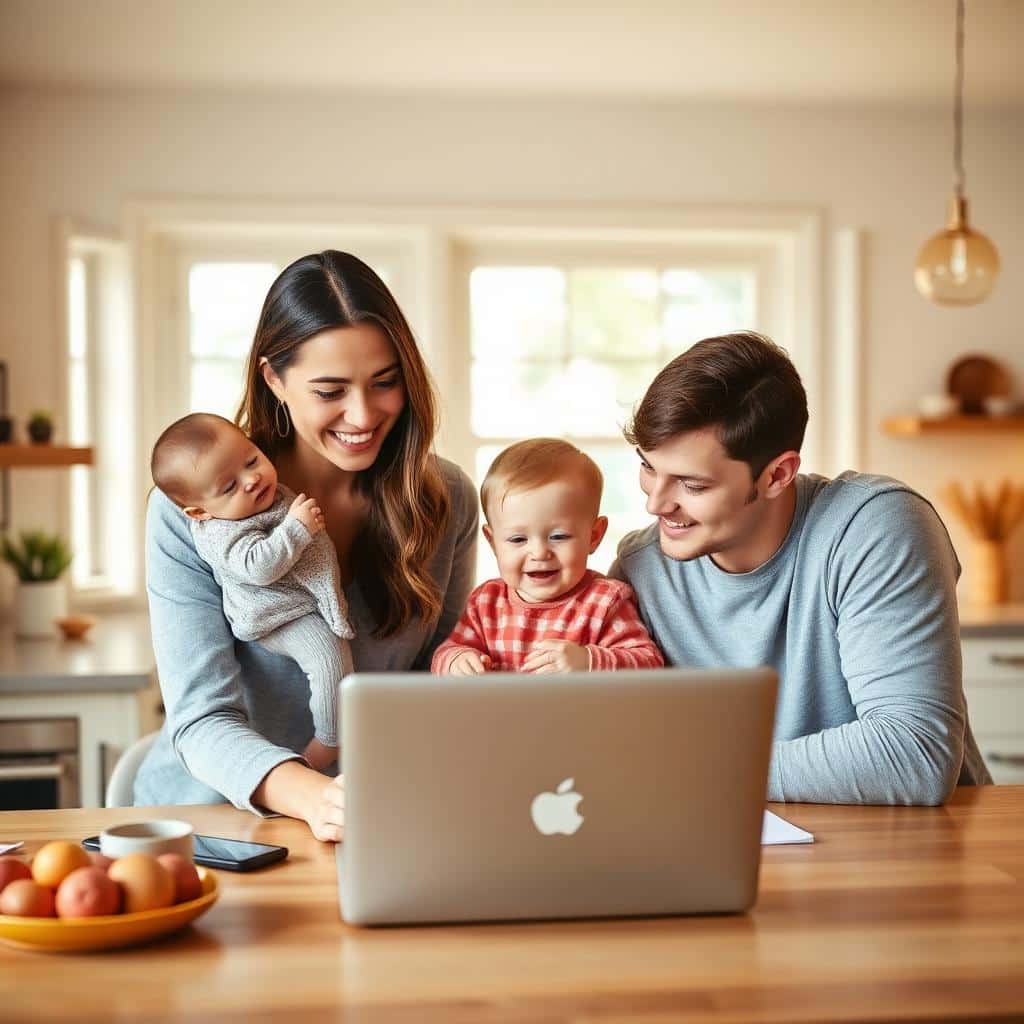 Young Minnesota family reviewing paperwork at their kitchen table