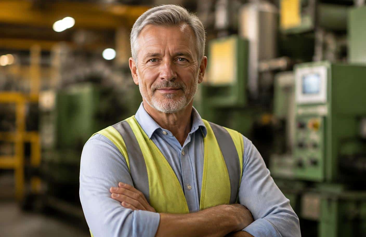 A confident manufacturing business owner in a modern factory